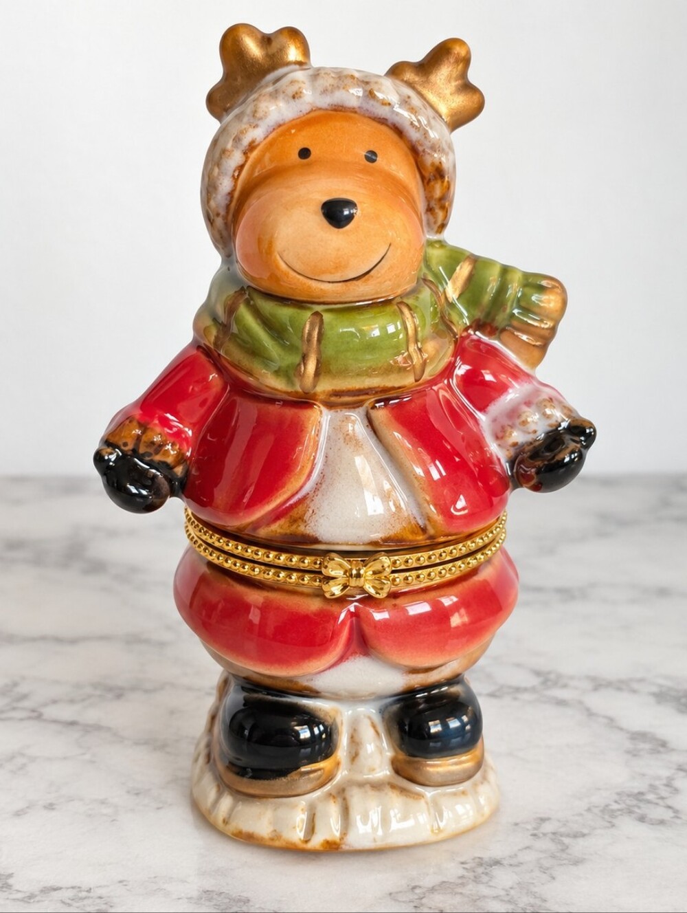 Vintage Greenbrier Porcelain Limoge Reindeer Hinged Trinket Box Christmas 4.5"